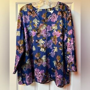 Talbots Blue Floral V-Neck Blouse with Pink & Cream Flowers